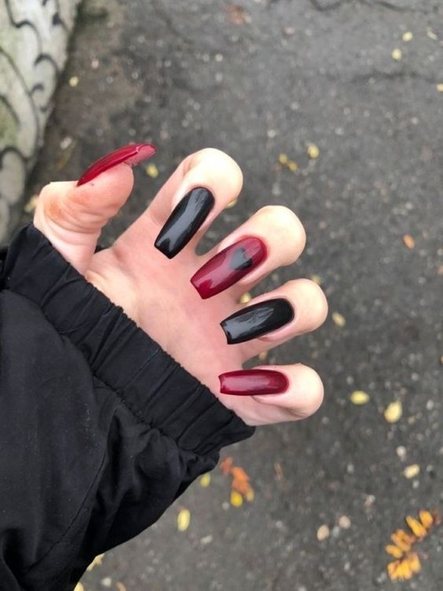 black nails with red hearts - beautiful black nails