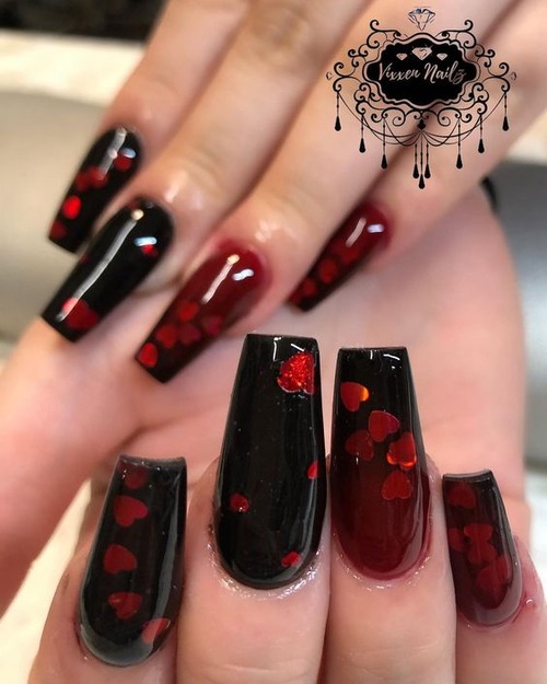 black nails with red hearts - black nails with red hearts long