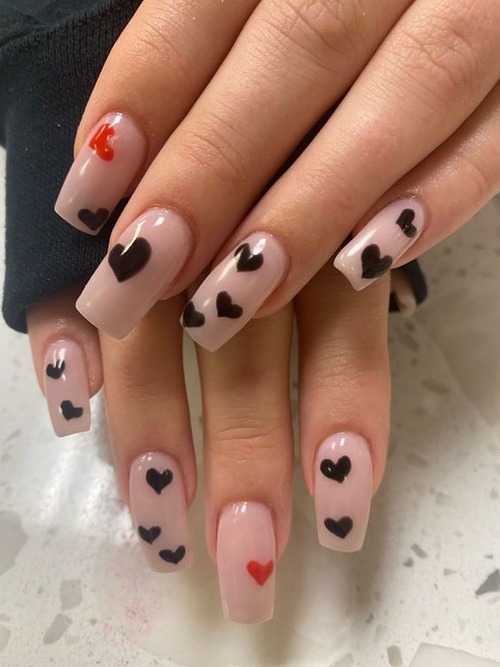 black nails with red hearts - black nails with red hearts short