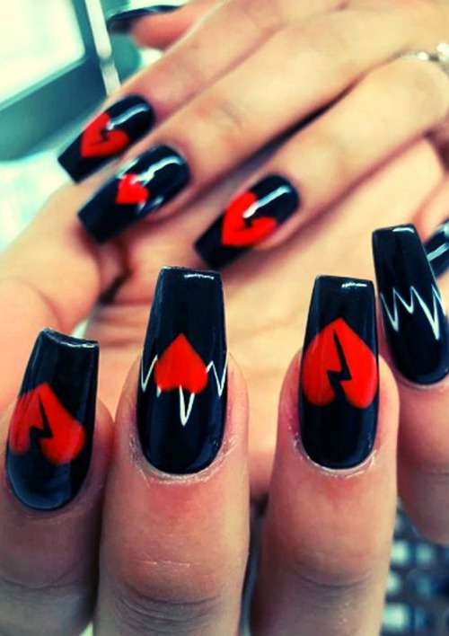 black nails with red hearts - classy black and red heart nails