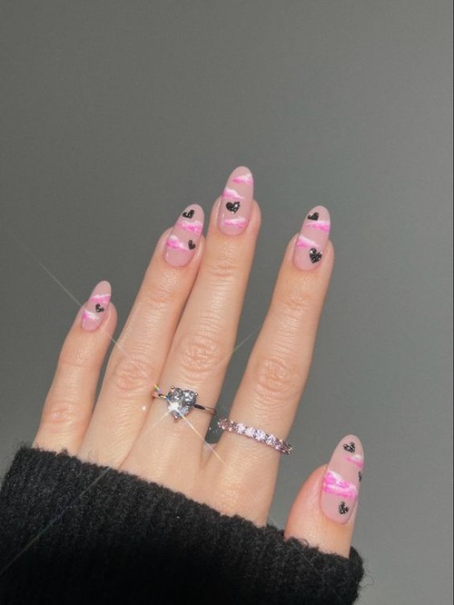 pink nails with black hearts - classy pink nails with black hearts