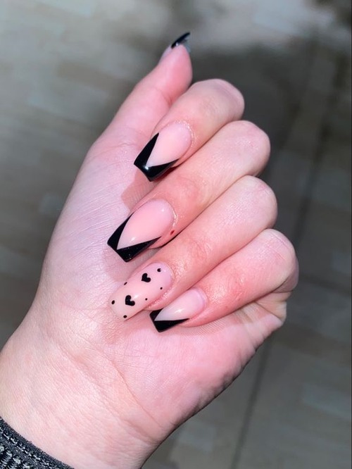 pink nails with black hearts - pink and black nails