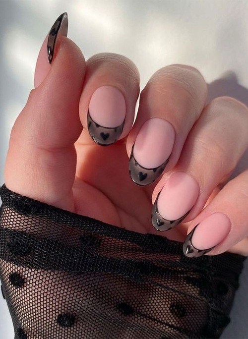 pink nails with black hearts - pink nails with black hearts and glitter
