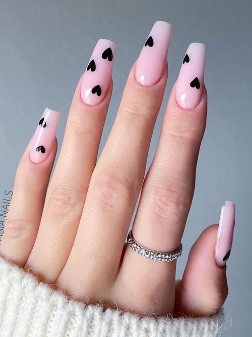 pink nails with black hearts - pink nails with black hearts simple