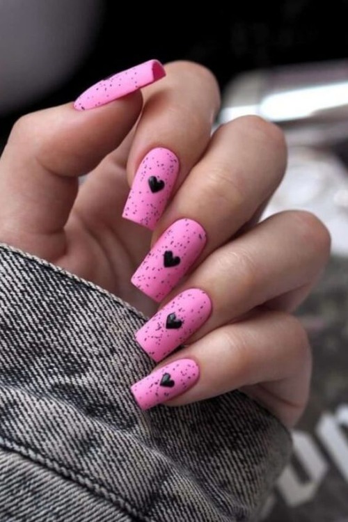 pink nails with black hearts - top pink nails