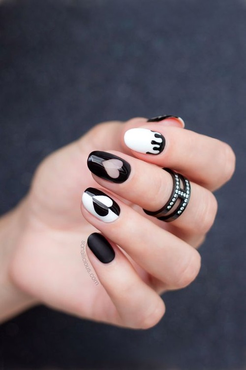 white nails with black heart - black and white heart nails