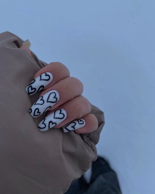 white nails with black heart - white nails pinterest