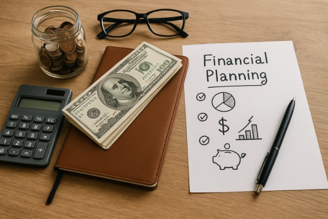 Financial planning tools including money, calculator, and checklist on a wooden table.