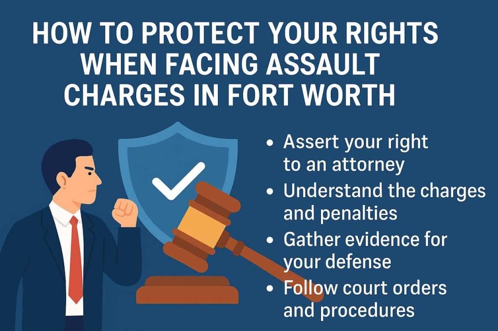 How to Protect Your Rights When Facing Assault Charges in Fort Worth Man with shield and gavel symbolizing legal defense against assault charges in Fort Worth.
