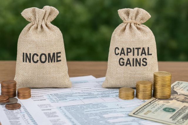 Income and capital gains bags with money and tax forms