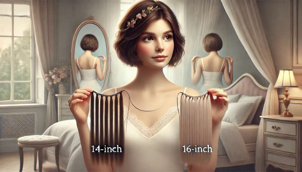 What’s the Better Fit for Short Hair: 14 Inch or 16 Inch Halo Extensions? Woman comparing 14-inch and 16-inch hair extensions in a vintage-style bedroom.