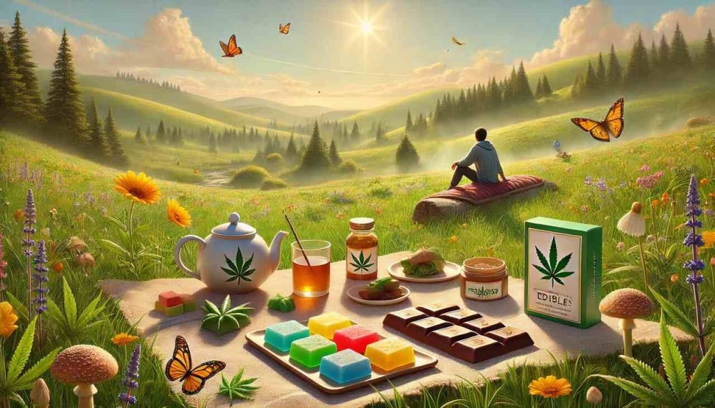 Exploring Wellness: Cannabis Edibles and Their Benefits Cannabis edibles picnic setup in a sunny meadow with hills, butterflies, and a person relaxing.