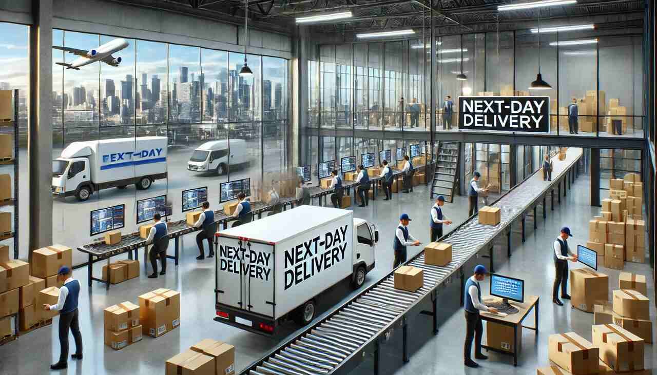 Warehouse team packing boxes for next-day delivery with delivery vans outside.