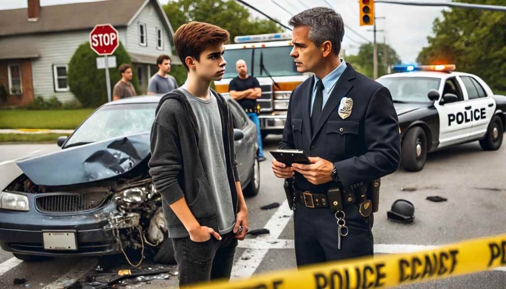 Teen Drivers and Car Accidents: The Role of a Car Accident Attorney Attorney speaks with teen driver after car accident at suburban intersection.