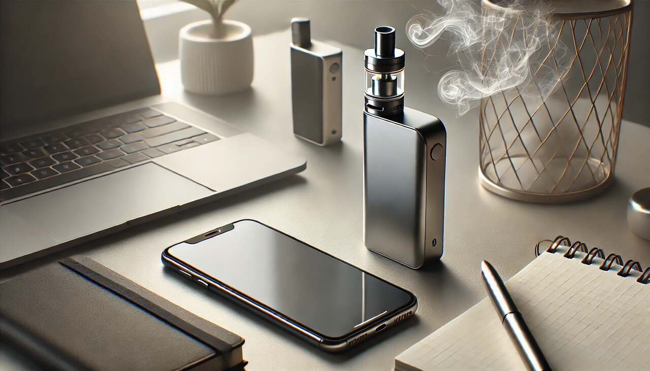 Modern vape device on organized desk with smartphone and notebook.