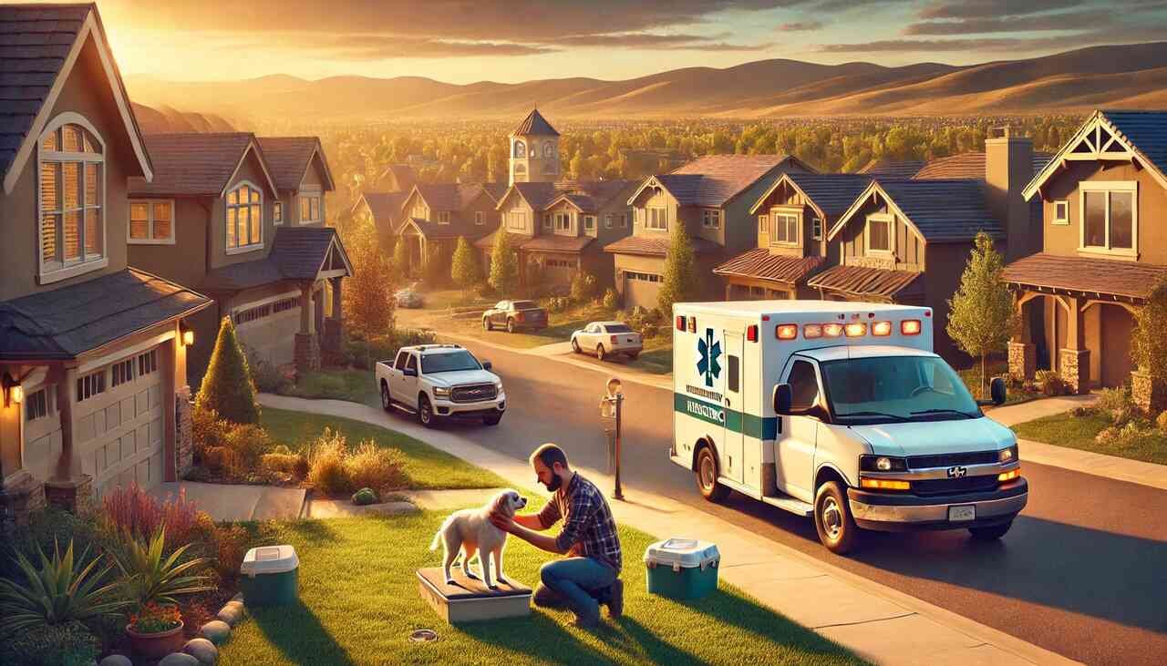 Man examining dog beside a veterinary emergency van in a suburban neighborhood at sunset.