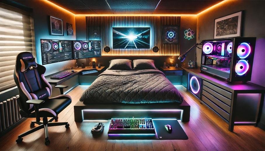 How Can Gaming Beds Help Create the Ultimate Setup for Gamers Futuristic gaming bed setup with monitors and ambient lighting