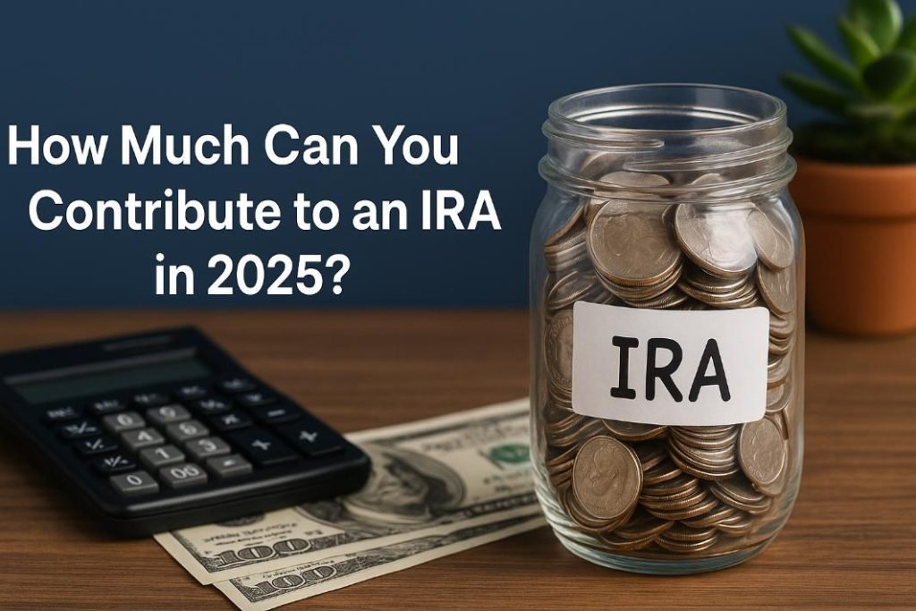 How Much Can You Contribute to an IRA in 2025? IRA jar with coins, calculator, and cash on a table for 2025 savings.