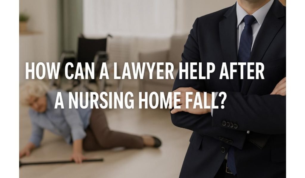 How Can a Lawyer Help After a Nursing Home Fall? Lawyer standing near elderly woman who has fallen in a nursing home.