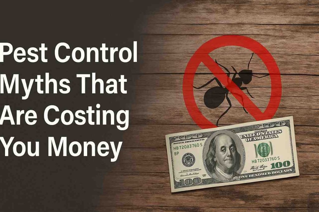 Pest Control Myths That Are Costing You Money Crossed-out ant and $100 bill symbolizing costly pest control myths.