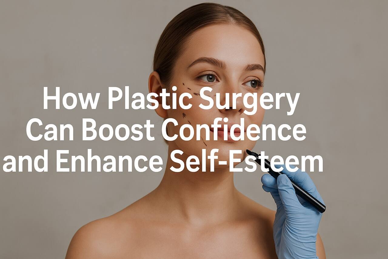 How Plastic Surgery Can Boost Confidence and Enhance Self-Esteem Woman with facial surgery markings and surgeon preparing for plastic surgery.