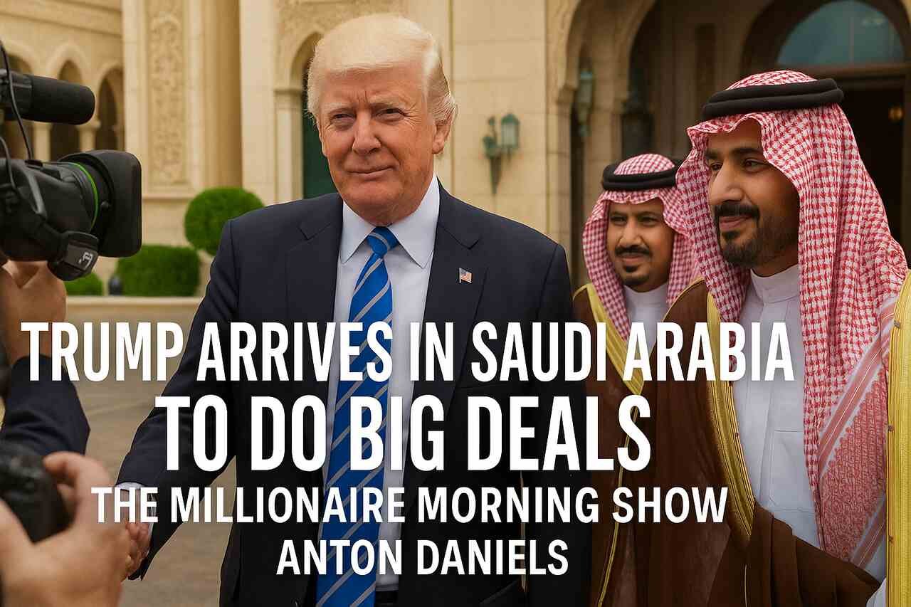 Trump shaking hands with Saudi officials in front of palace.