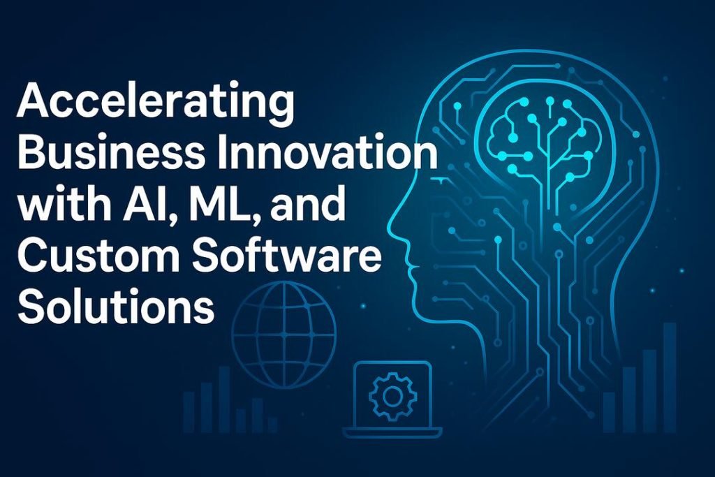 Accelerating Business Innovation with AI, ML, and Custom Software Solutions AI brain with software and ML icons symbolizing business innovation.
