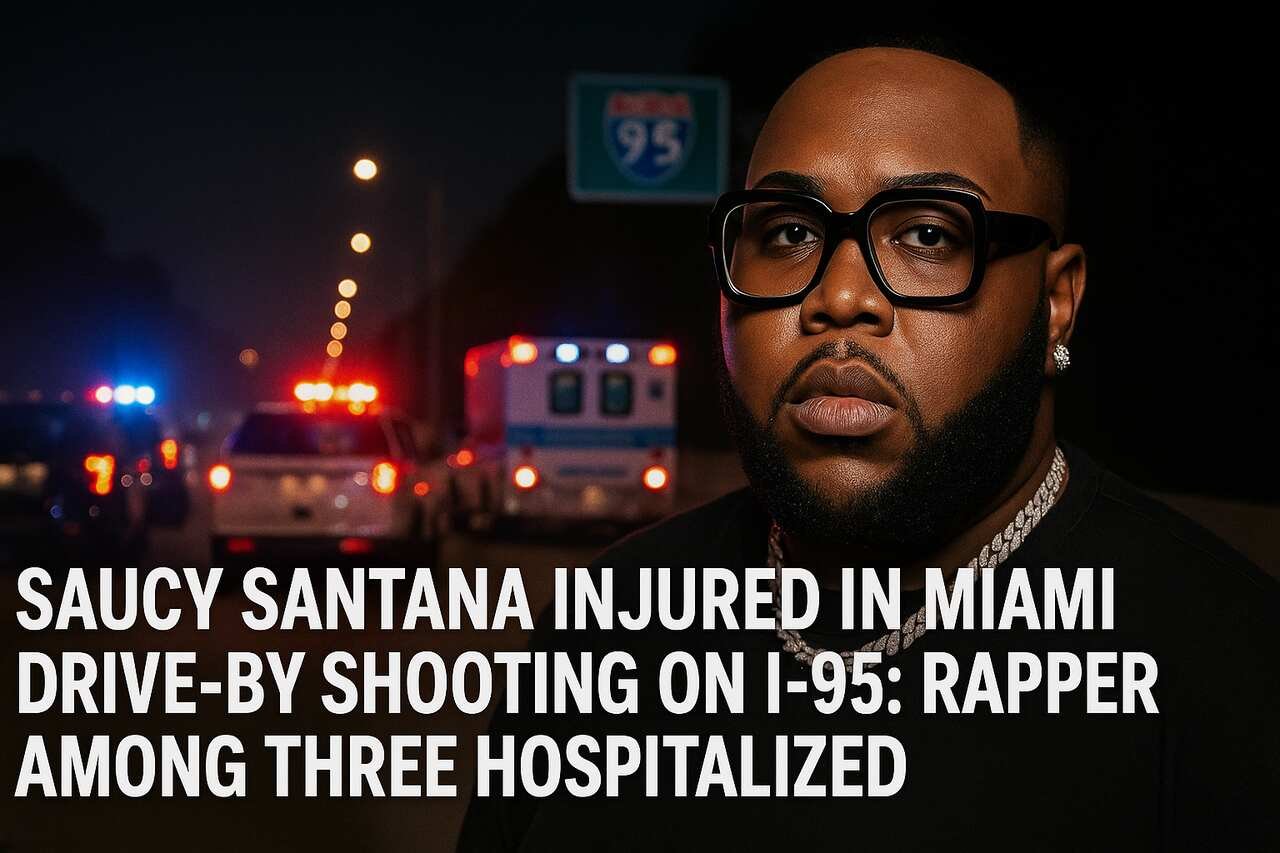 Saucy Santana with emergency lights behind him on I-95 after drive-by shooting.