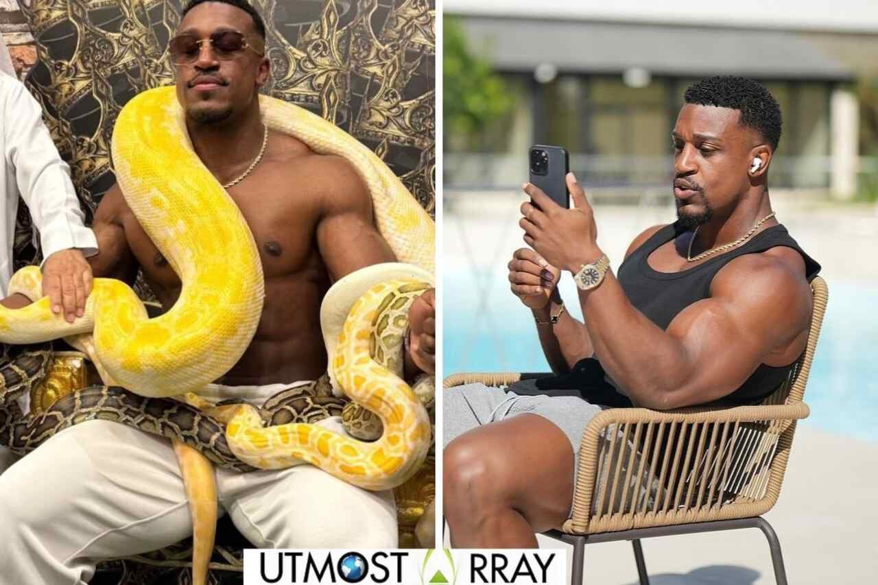 Fitness influencer holding pythons and checking phone poolside.