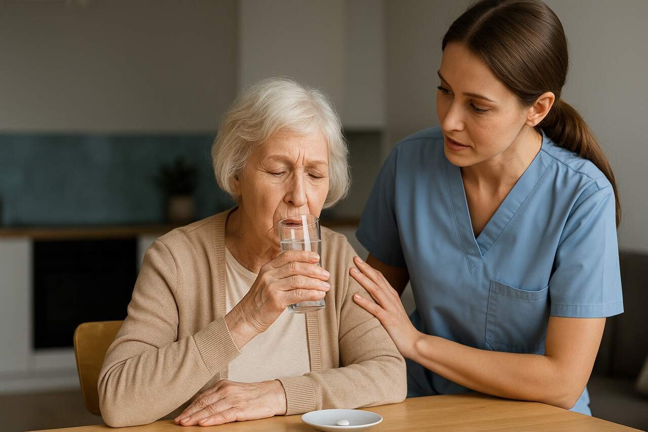 Caregiver helping elderly woman drink water at home.