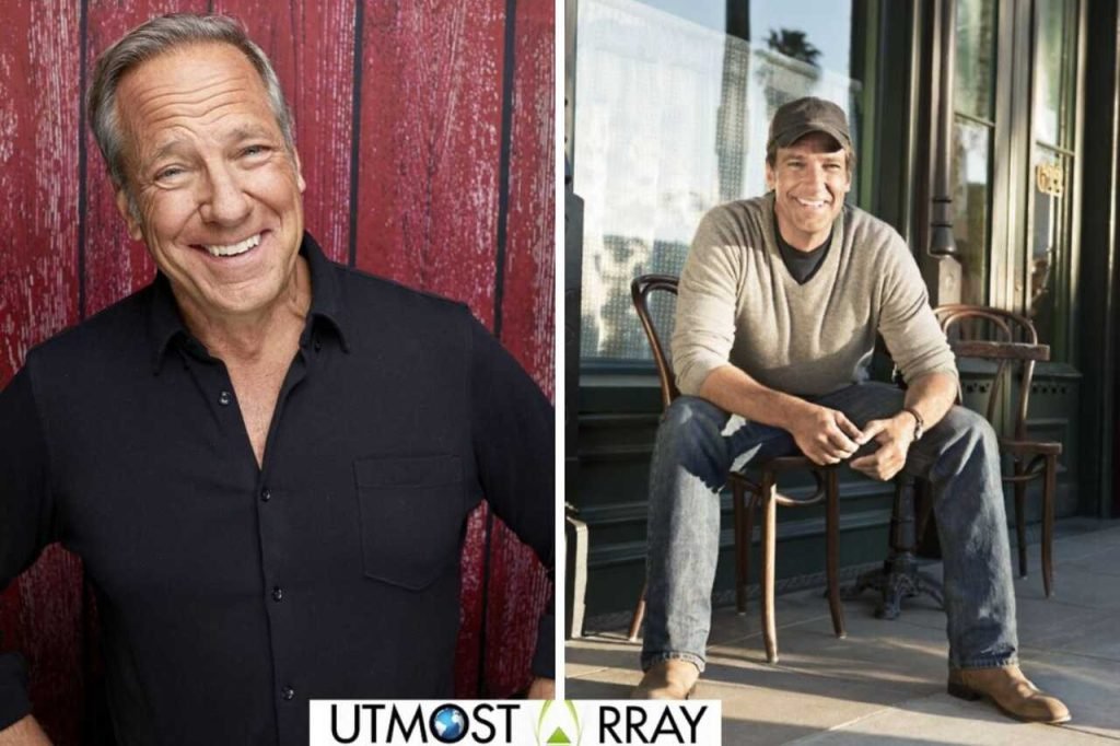 Mike Rowe smiling in two different casual outfits—one against a red wooden wall, the other seated outside a building in jeans and a sweater.