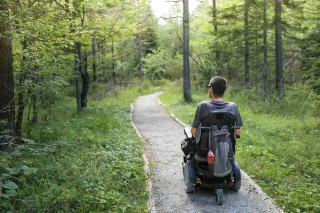 How to Maximize Compensation for Paralysis Injuries with the Right Lawyer Man in a motorized wheelchair traveling on a forest path