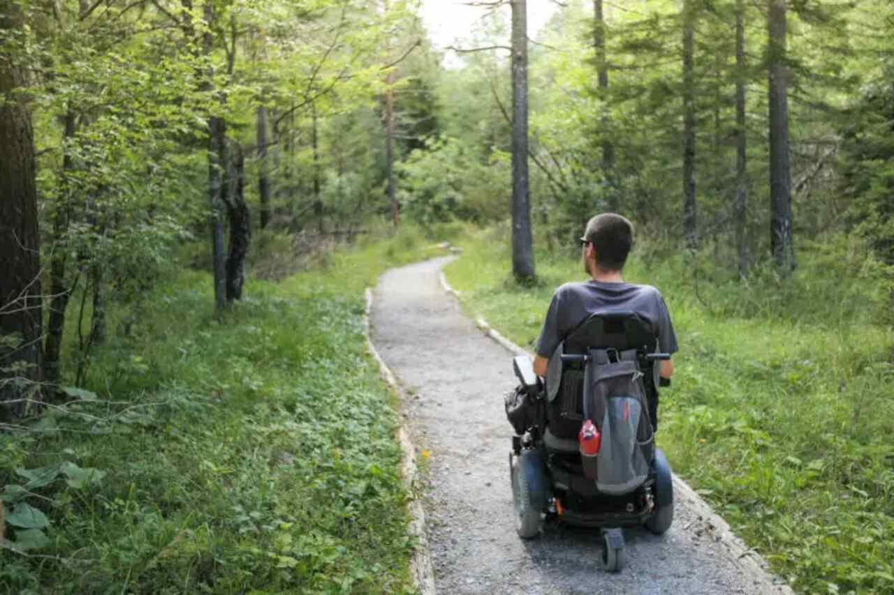 Man in a motorized wheelchair traveling on a forest path