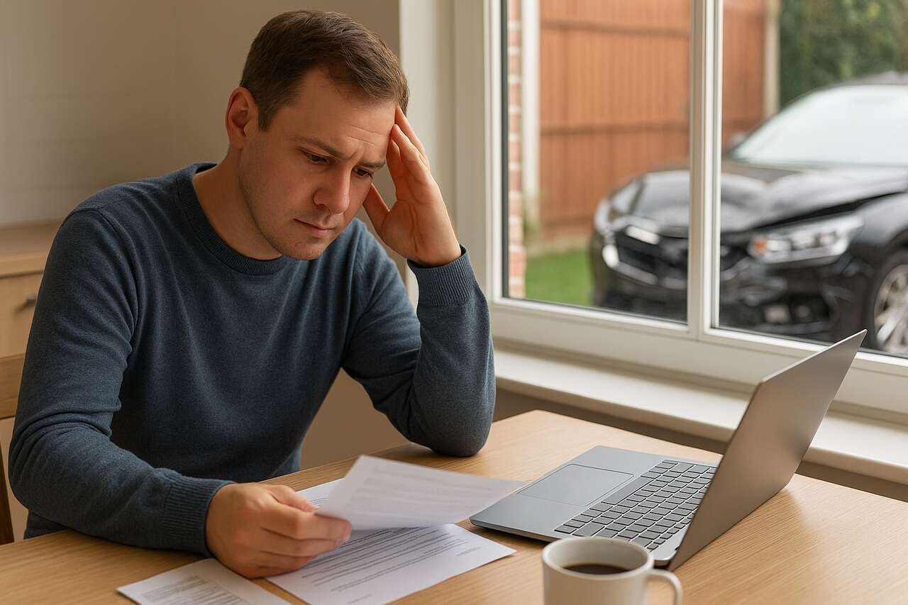 Person reviewing documents after car accident with damaged car outside.