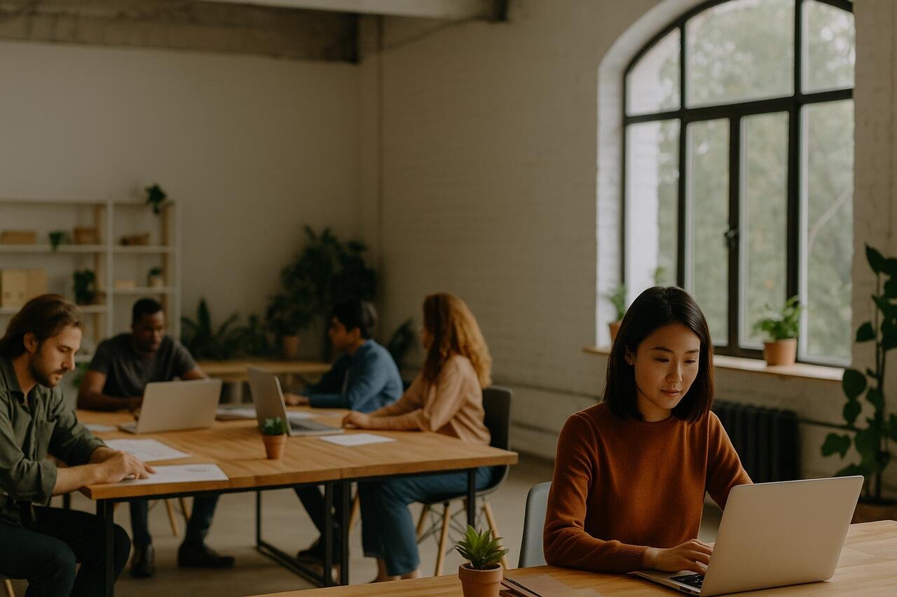Designers collaborating in a modern Bangkok creative studio workspace.