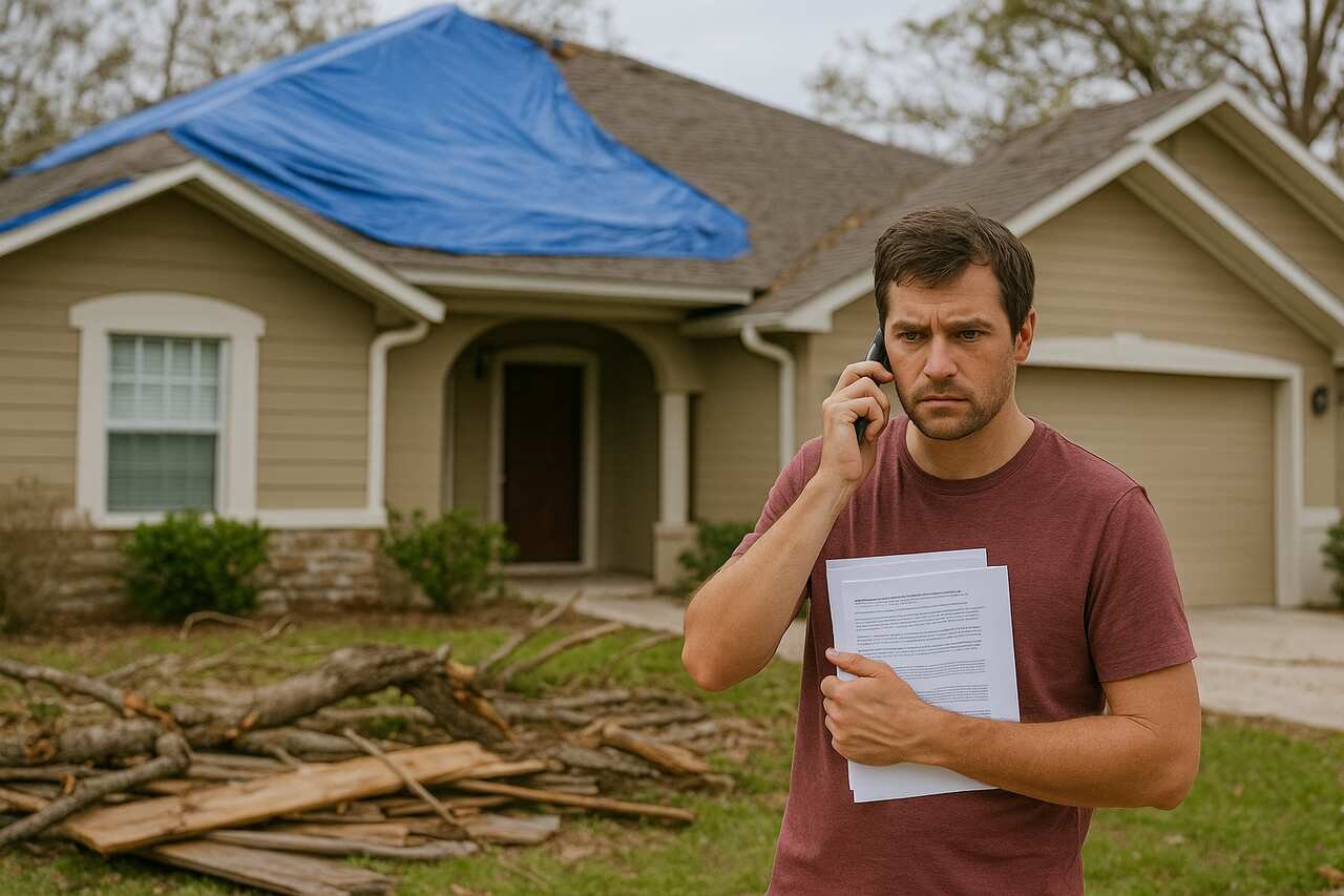 Man outside damaged house calling about denied hurricane claim.