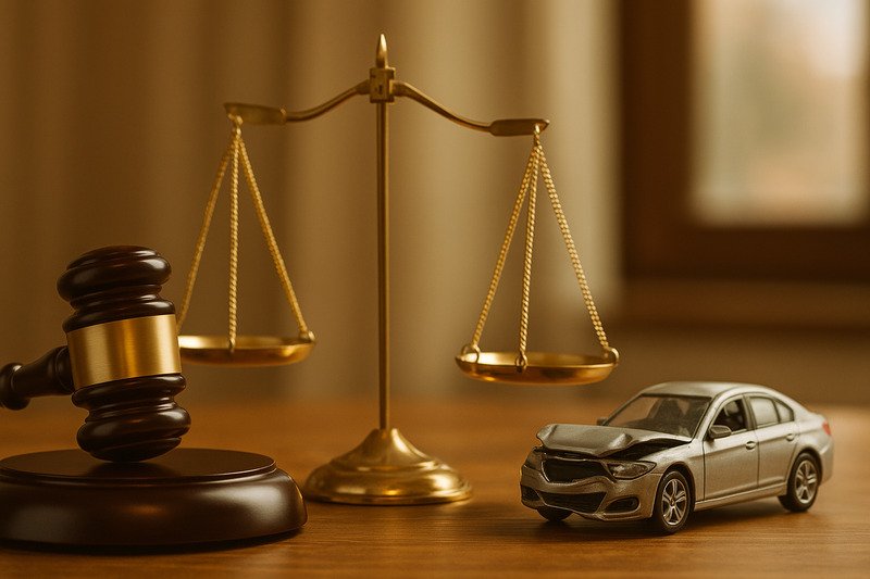 Legal symbols and car crash scene illustrating prejudgment interest in car accident settlements.