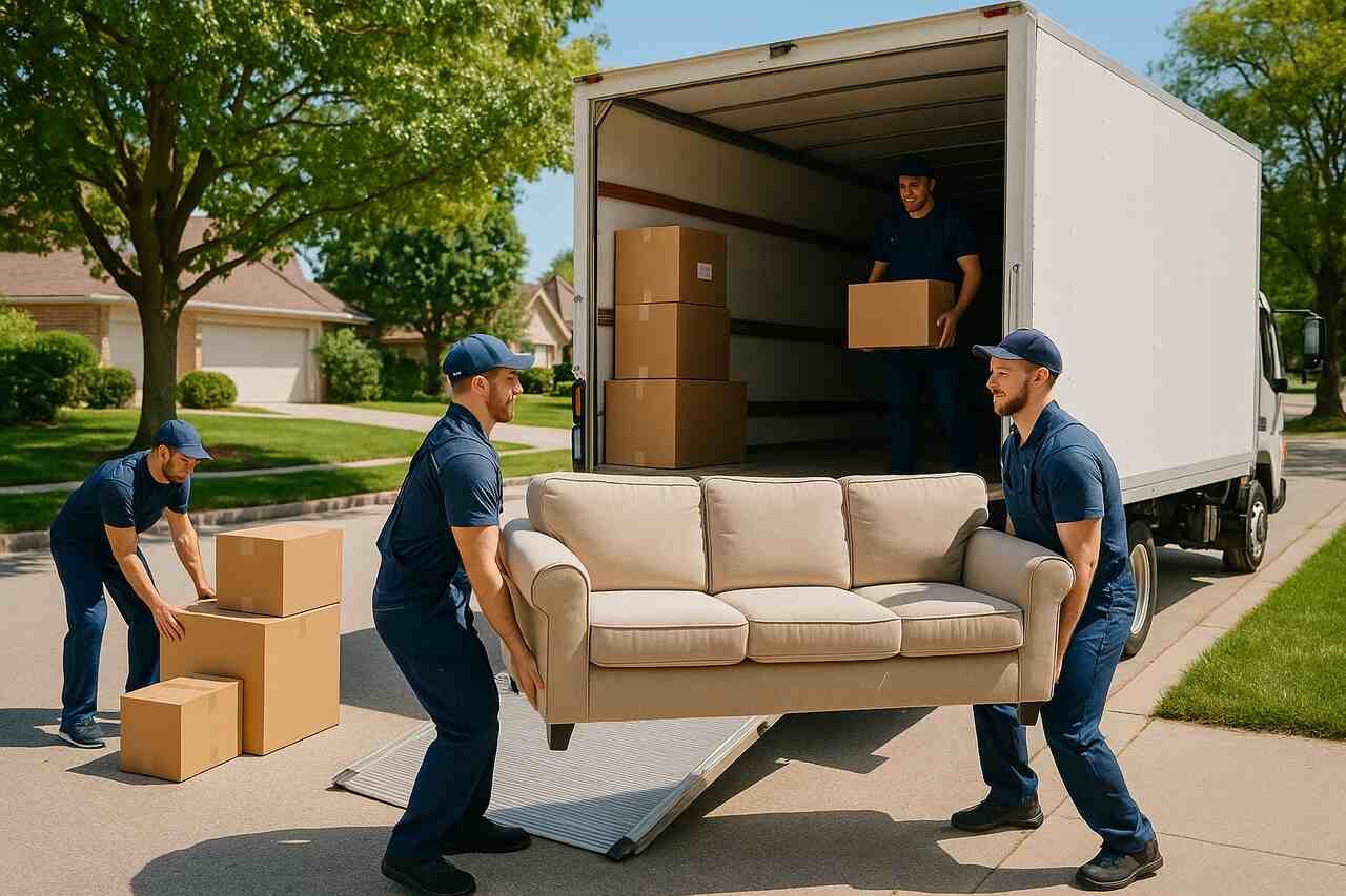 Four movers loading a beige sofa and cardboard boxes into a white moving truck in a suburban neighborhood.