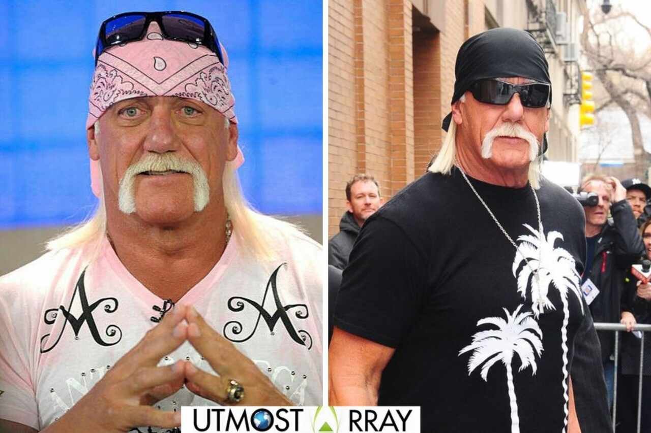 Side-by-side photos of Hulk hogan with a handlebar mustache, long blond hair, and bandana in each image—wearing a pink outfit on the left and a black outfit on the right.