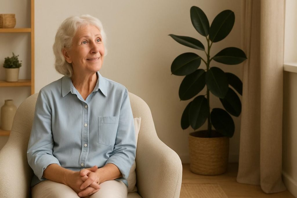 Senior woman smiling in a bright, peaceful living space.
