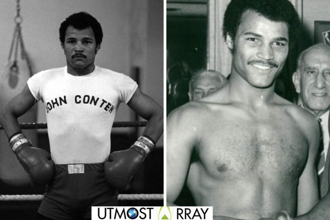 Side-by-side black and white photos of John Conteh, one in boxing gear and gloves, the other shirtless and smiling after a match.