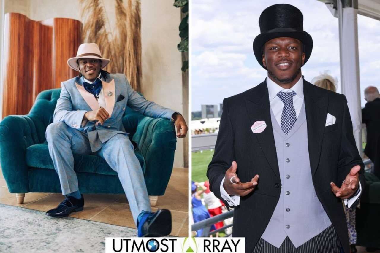 KSI dressed in two different stylish formal outfits—one seated in a blue suit with a pink hat indoors, and the other standing in a black tailcoat with a top hat at an outdoor event.