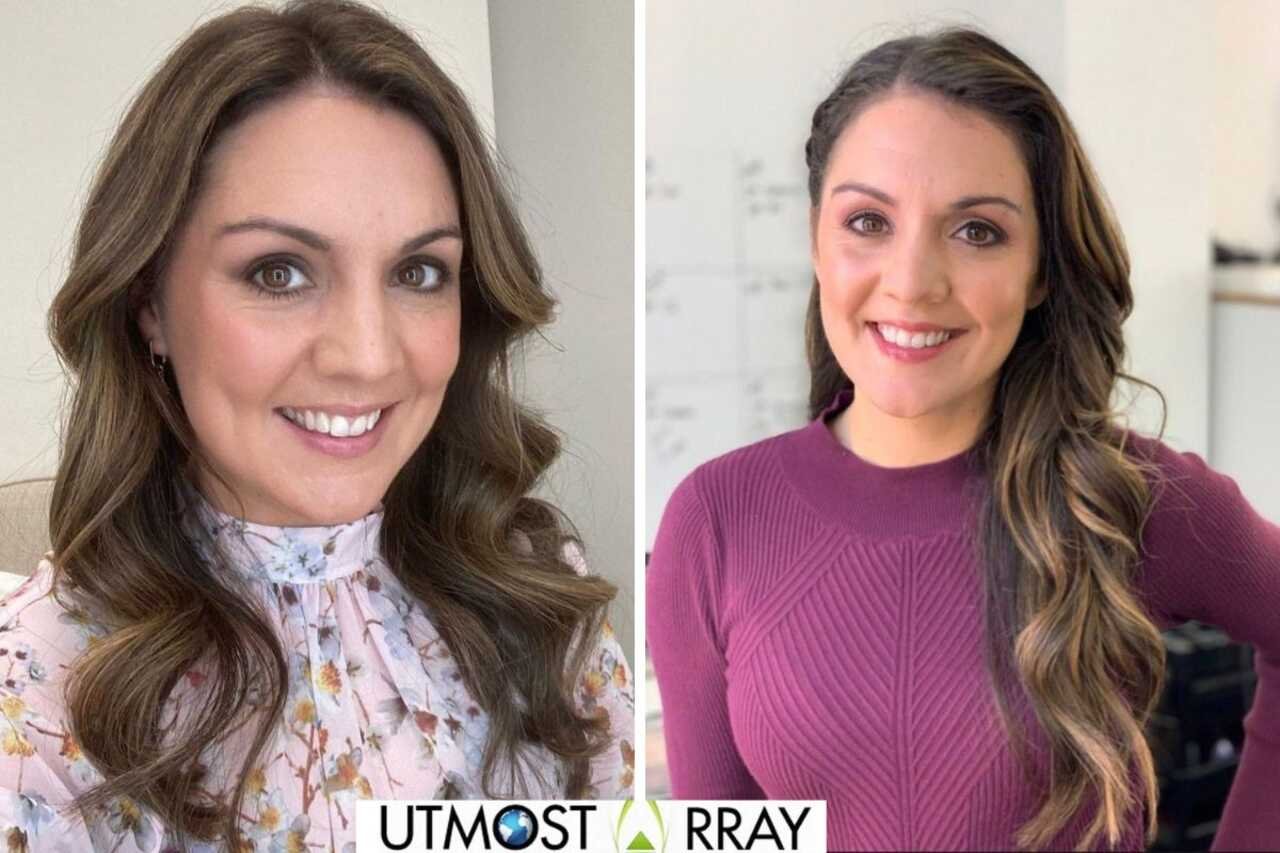 Side-by-side photos of Laura Tobin with long wavy brown hair, wearing a floral blouse in one and a ribbed maroon top in the other.