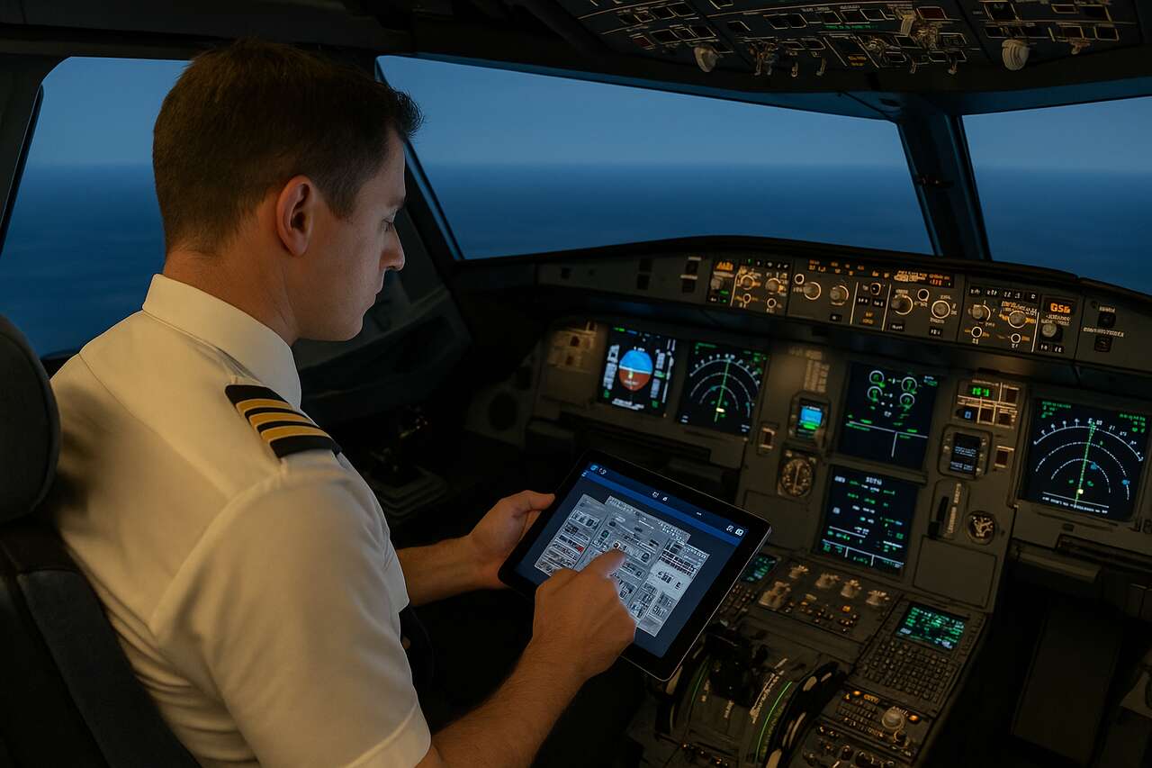 Pilot using CPaT A320 CBT course in Airbus cockpit simulator.