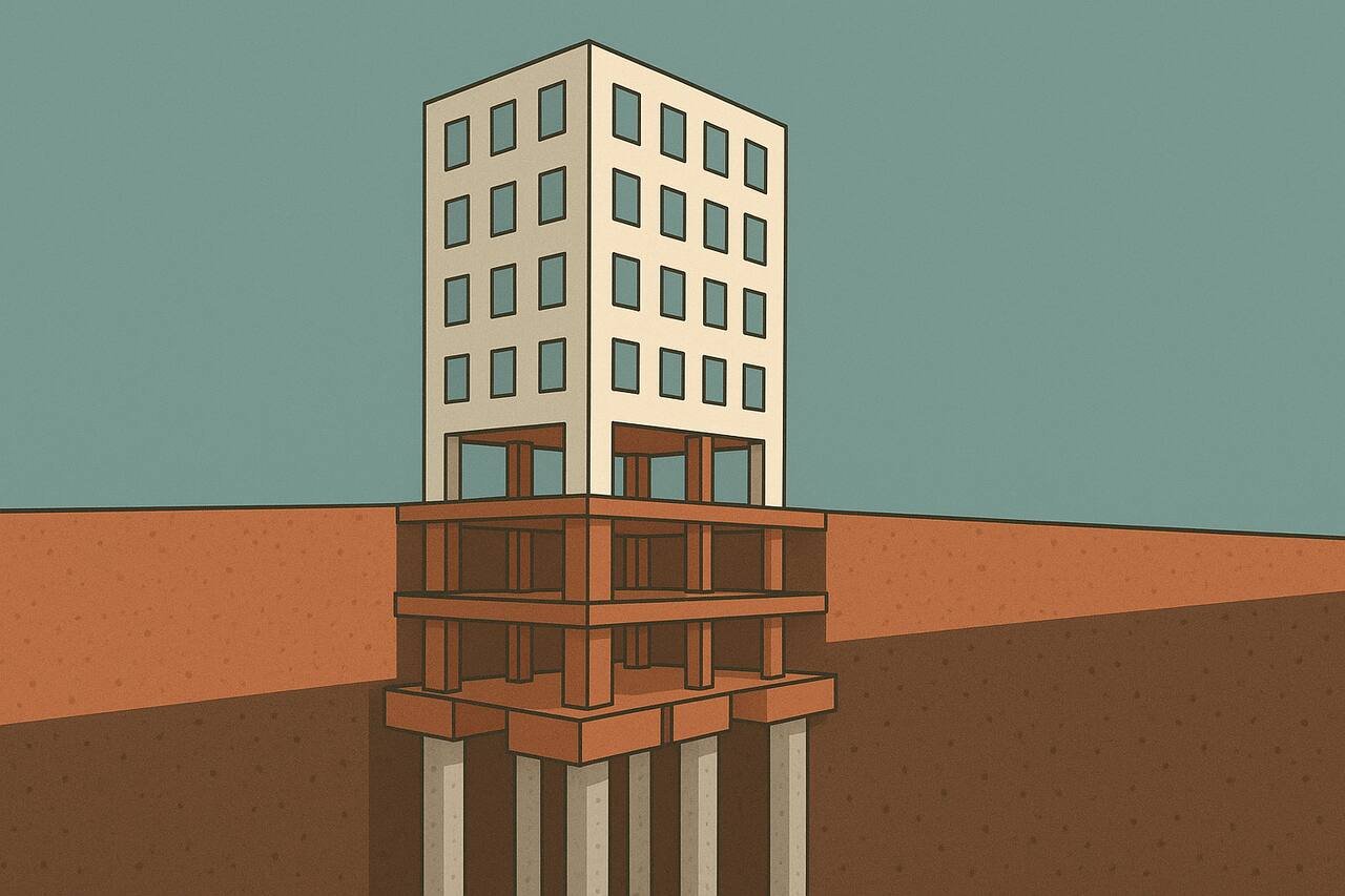 Cutaway view of a modern building showing deep foundation piles and support systems underground.