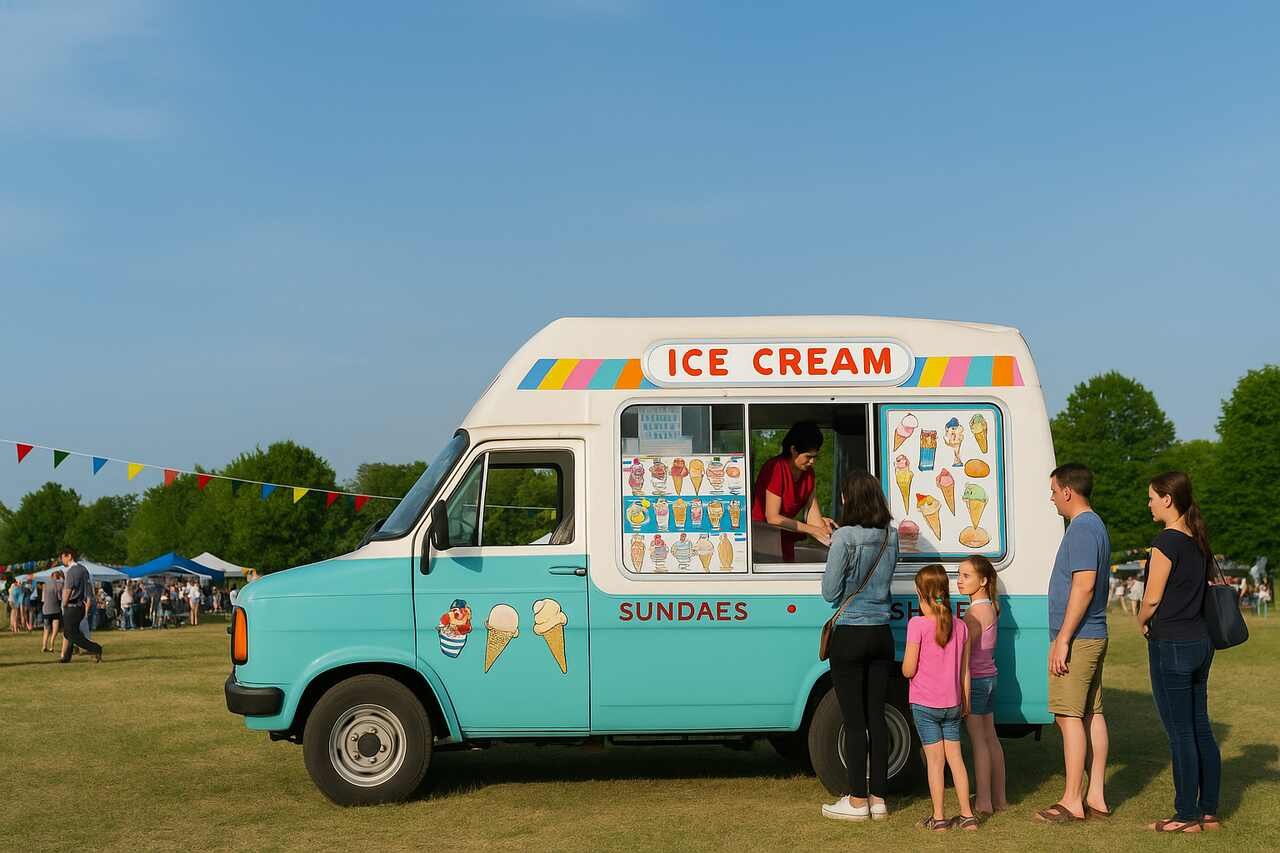 Ice cream truck serving guests at an outdoor event.