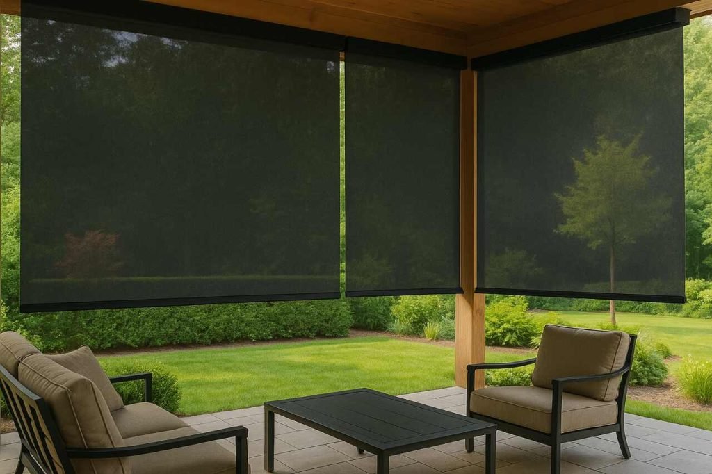 What Are the Benefits of Installing Motorized Patio Sun Shades? Motorized sun shades shading a modern garden patio.