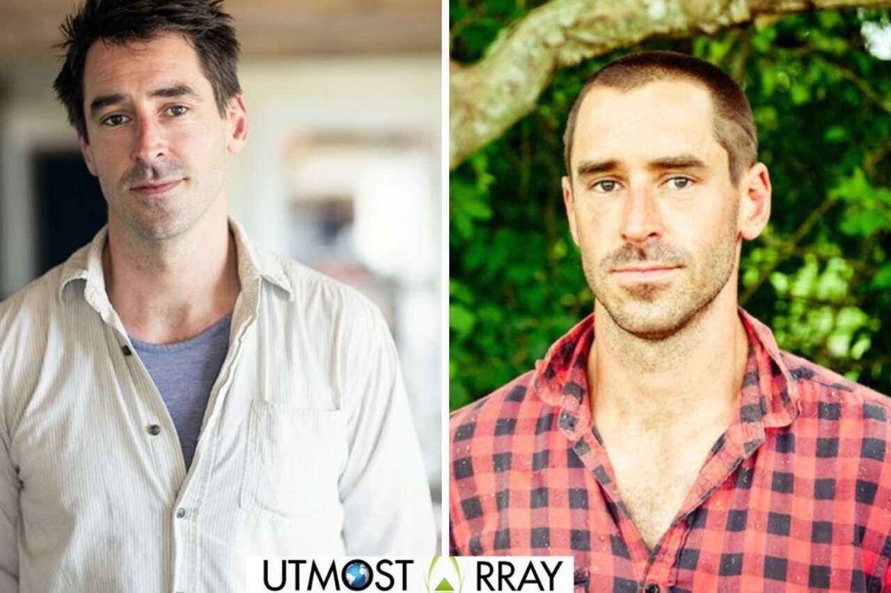 Side-by-side portraits of Chris Fischer, one indoors in a light shirt and one outdoors in a red checkered shirt.