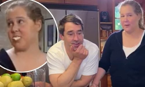 Chris Fischer and Amy Schumer in a kitchen with an inset close-up of Amy Schumer eating, fruits and a blender on the counter.