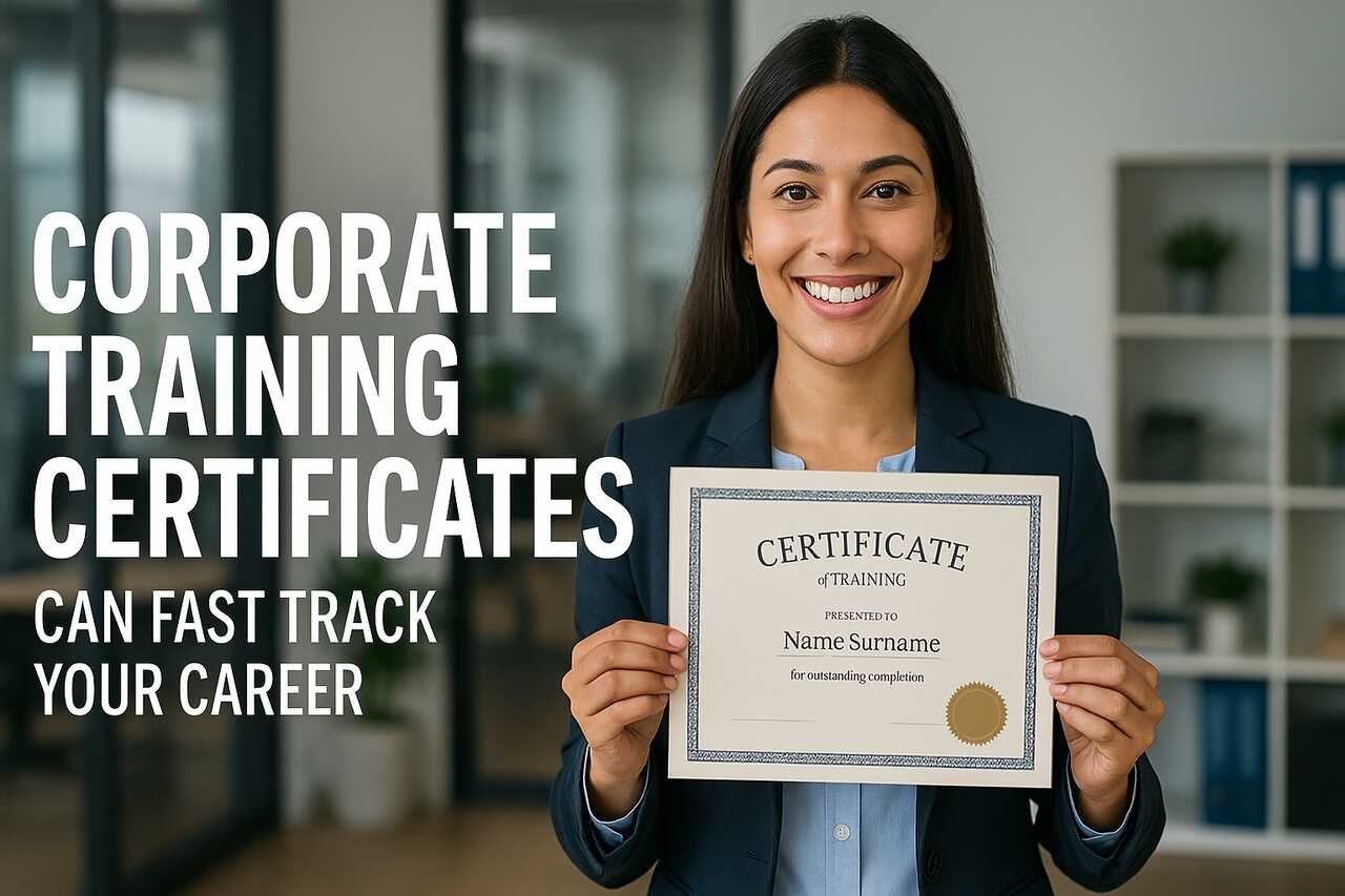 Corporate employee holding a training certificate with a smile.